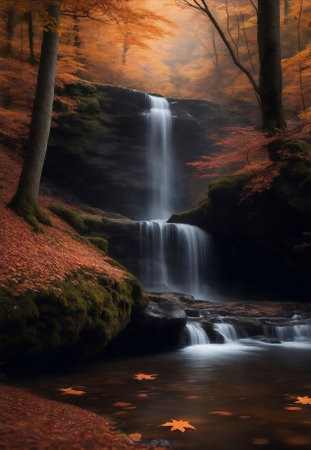 Beautiful autumn forest with waterfall, Generative AI Illustration.の素材