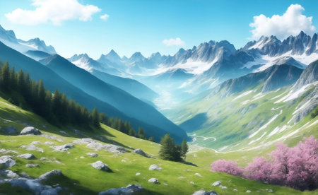 A summer landscape with mountains, Generative AI Illustration.の素材