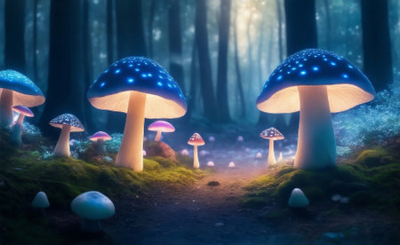 Magical forest with mushrooms, Generative AI Illustration.の素材