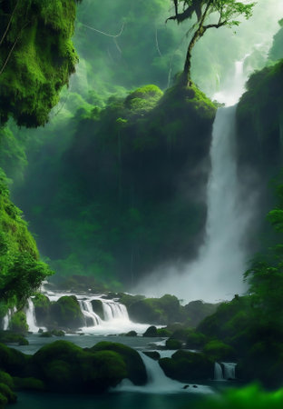 A beautiful forest with waterfall, Generative AI Illustration.の素材