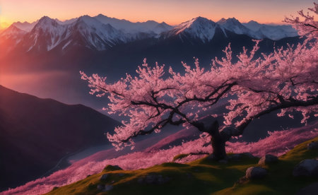 A Cherry Blossom with mountain background, Generative AI Illustration.の素材