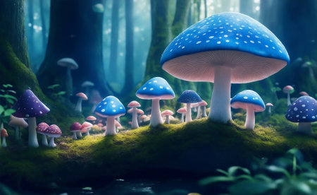 Magical forest with mushrooms, Generative AI Illustration.の素材