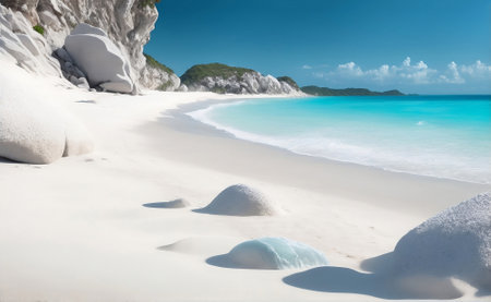 The beautiful white sand beach with rock and waves.の素材