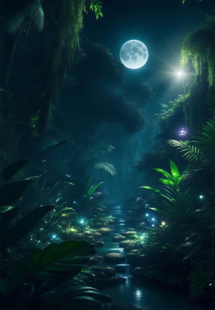 Magical jungle with moonlight, Generative AI Illustration.の素材