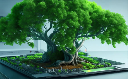A green tree growing on computer motherboard, Generative AI Illustration.の素材