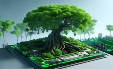 A green tree growing on computer motherboard, Generative AI Illustration.の素材