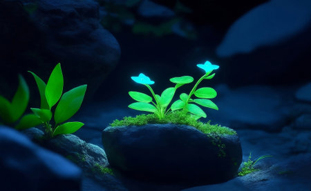 Neon little green plant growing on the rock, Generative AI Illustration.