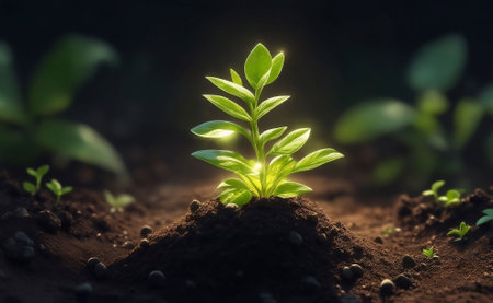 A little green plant growing on a black soil, Generative AI Illustration.の素材