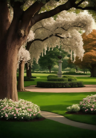 A park with mature trees and blooming flowers.の素材
