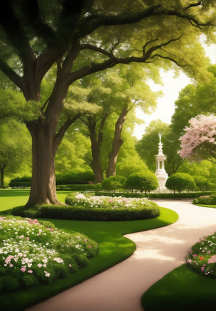 A park with mature trees and blooming flowers.の素材