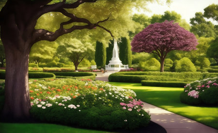A park with mature trees and blooming flowers.aの素材
