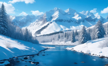 Panoramic view of a snow mountain, Generative AI Illustration.の素材