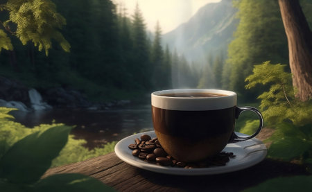 A cup of coffee with beautiful nature background.の素材