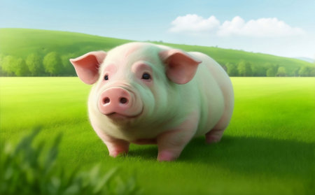 A cute fat pig on a beautiful nature green field.の素材