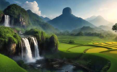 A rice field with mountain and waterfall Generative AI Illustration.の素材