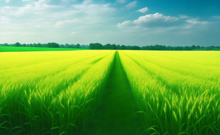 Beautiful Green wheat field, Generative AI Illustration.の素材