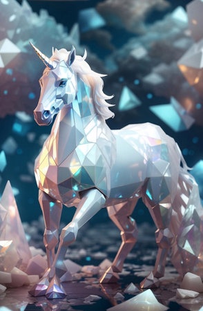 Magical glowing polygon white pearl unicorn.の素材