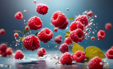 A fresh raspberries flying isolated on daylight background.の素材