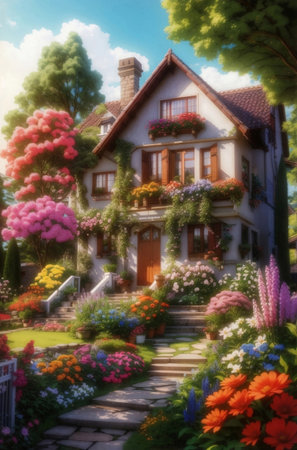 Beautiful cozy house surrounded by a lush garden of vibrant flowers and trees.の素材