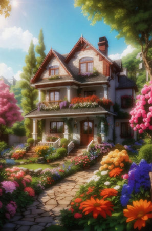 Beautiful cozy house surrounded by a lush garden of vibrant flowers and trees.の素材
