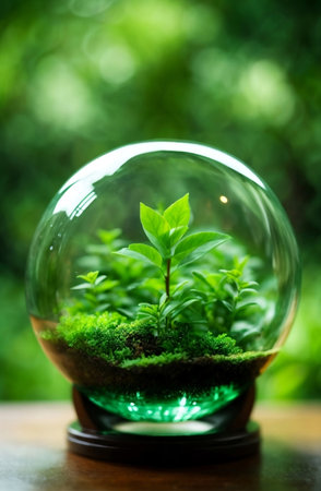 A globe Glass with green little plant World environment day concept.の素材