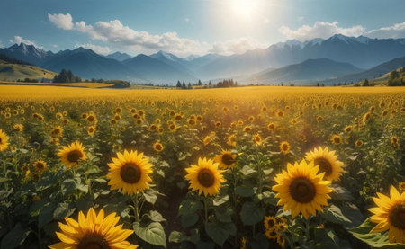 Beautiful sunflowers field with mountain background.の素材