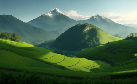 Beautiful green tea field on mountain with blue sky background.の素材