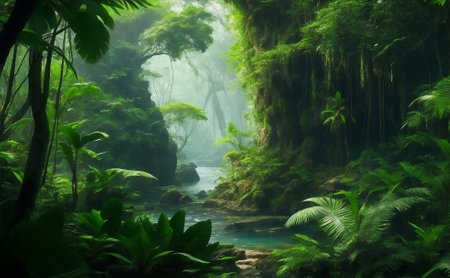 Dark beautiful rain forest green nature background.の素材