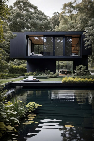A dark color minimalist modern house with natural elements.の素材