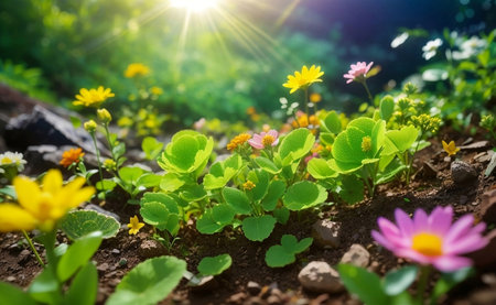 Blooming flowers field with beautiful nature background.の素材