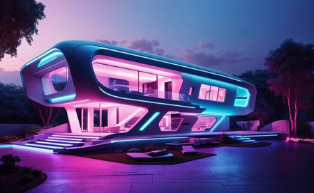 Futuristic house with modern design night scene.の素材