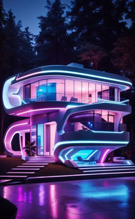 Futuristic house with modern design night scene.の素材