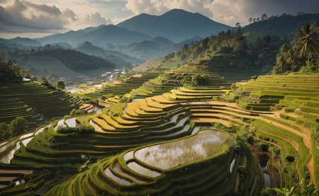 Beautiful green moutain with terraces rice fields.の素材
