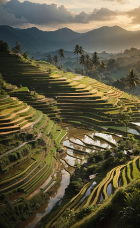 Beautiful green moutain with terraces rice fields.の素材