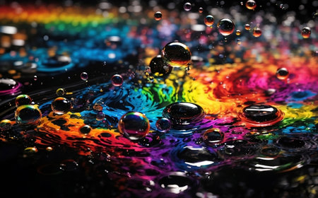 Bubbles and water splash with rainbow reflection water.の素材