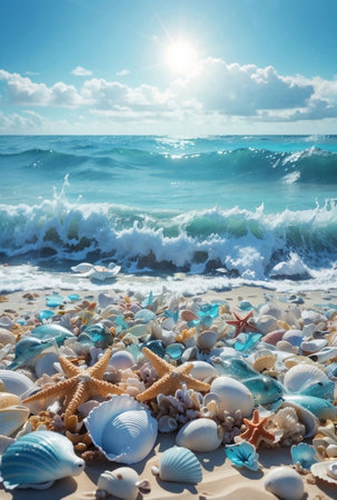 Beautiful paradise beach scene with many shells.の素材