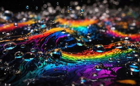 Bubbles and water splash with rainbow reflection water.の素材