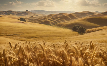Rolling hills of gold wheat field nature background.の素材