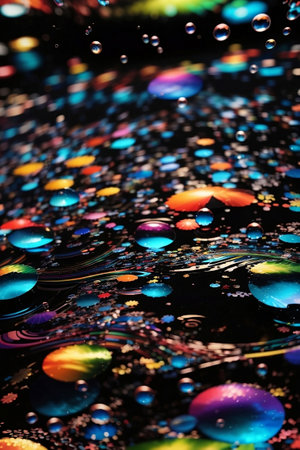 Bubbles and water splash with rainbow reflection water.の素材