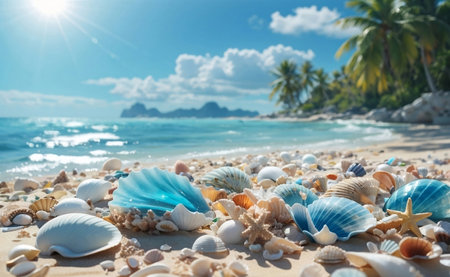 Beautiful paradise beach scene with many shells.の素材