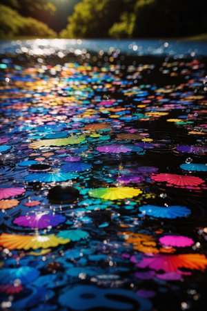 Bubbles and water splash with rainbow reflection water.の素材