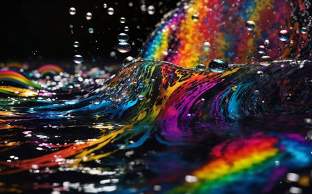 Bubbles and water splash with rainbow reflection water.の素材