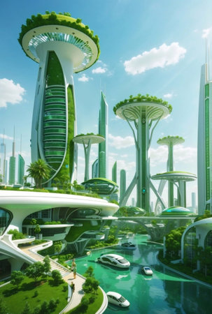 A fantasy futuristic cyber green ecology city with transportation.の素材