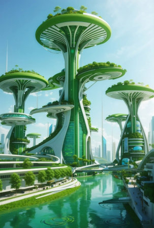 A fantasy futuristic cyber green ecology city with transportation.の素材