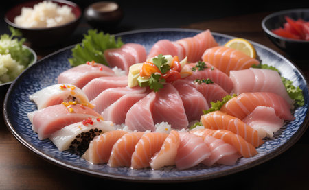 A many kind of Japanese sashimi on ceramic plate.の素材