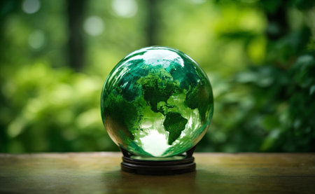 A globe glass on wooden ground with nature background.の素材