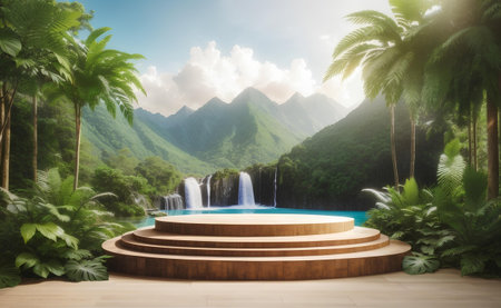 A modern podium for product presentation with mountain and waterfall background.の素材