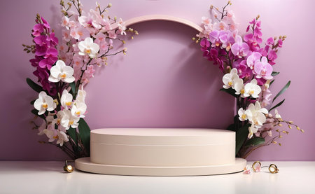 A modern Podium with blooming orchids background.の素材