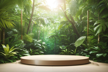 A modern podium with green nature background.の素材