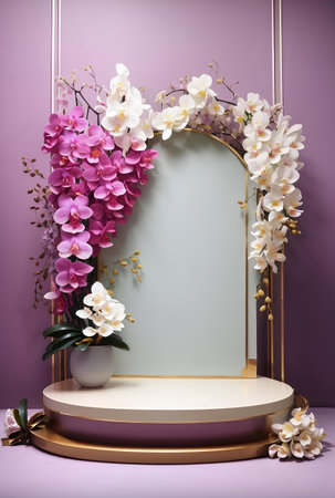 A modern Podium with blooming orchids background.の素材